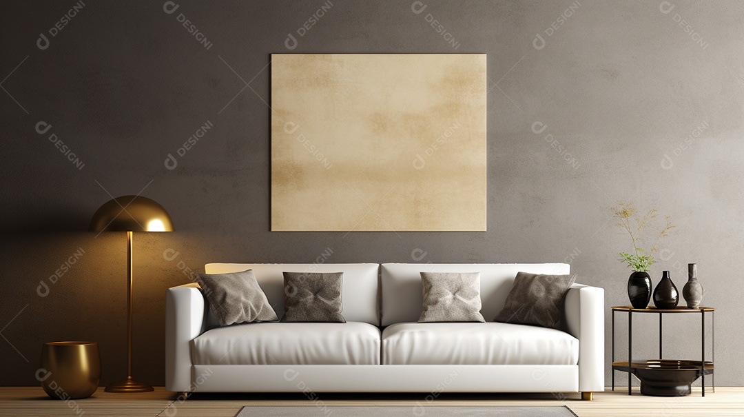 Sala de estar moderna com móveis bege e parede de concreto