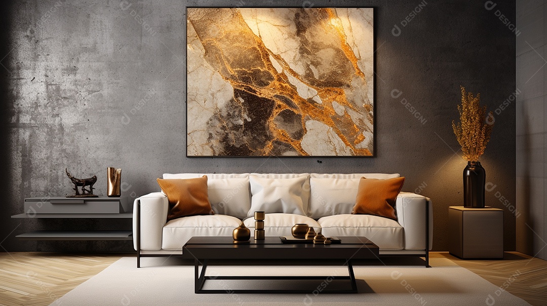 Sala de estar moderna com móveis bege e parede de concreto