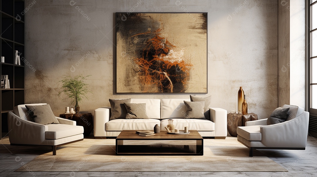 Sala de estar moderna com móveis bege e parede de concreto