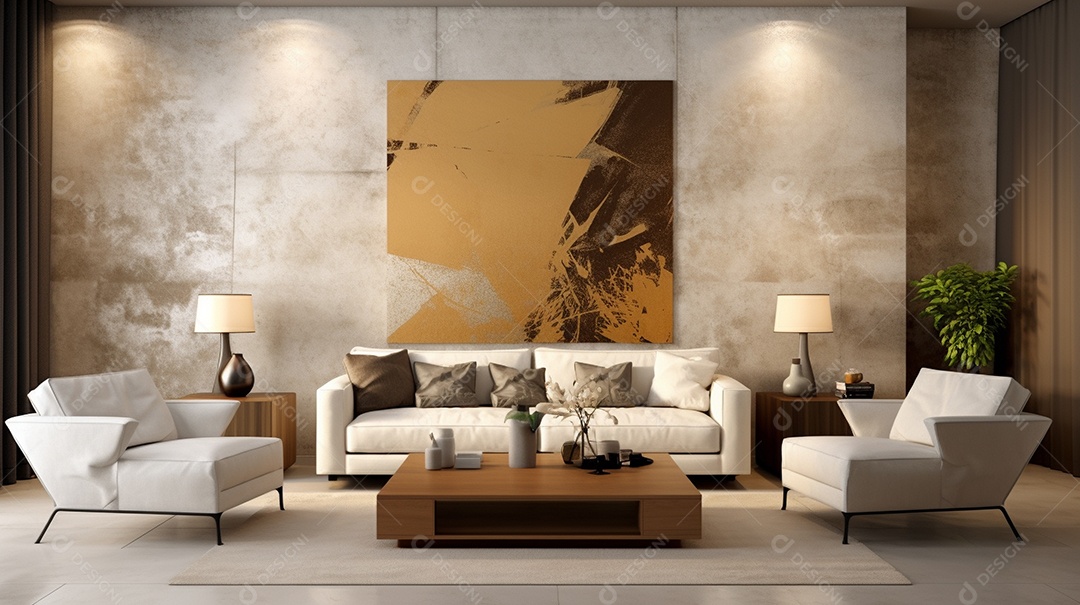 Sala de estar moderna com móveis bege e parede de concreto