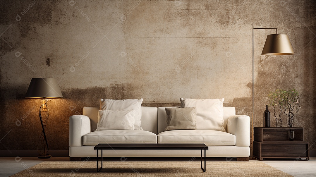 Sala de estar moderna com móveis bege e parede de concreto