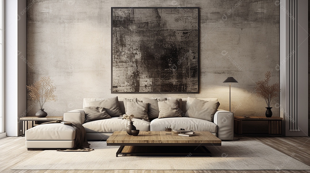 Sala de estar moderna com móveis bege e parede de concreto