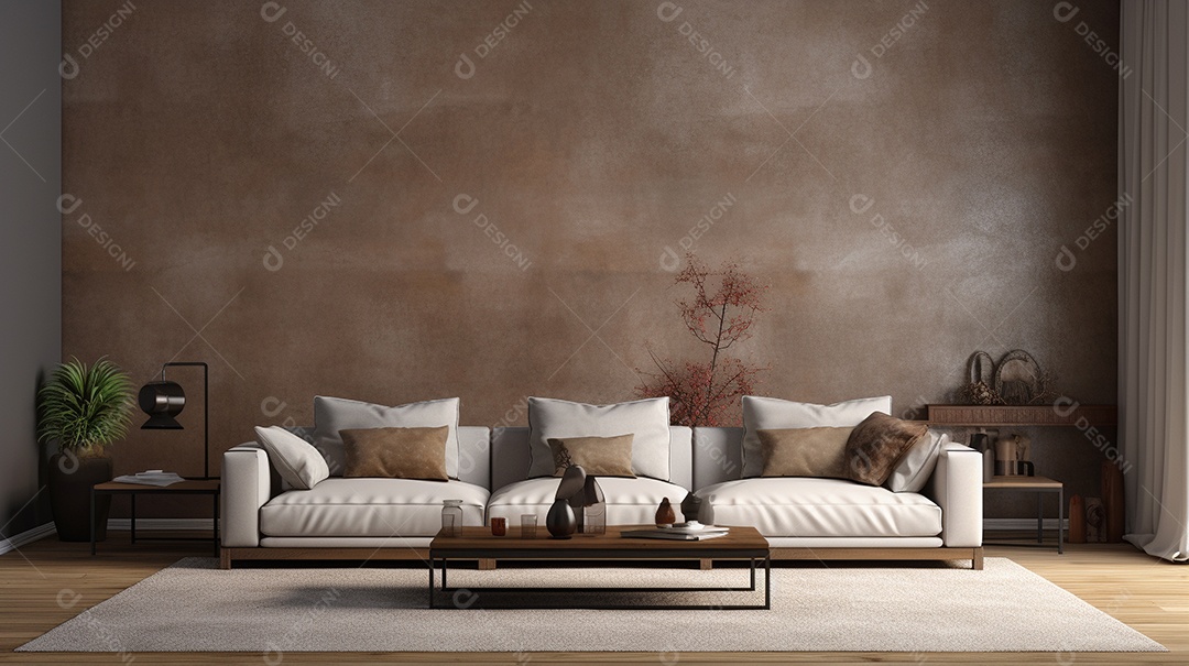 Sala de estar moderna com móveis bege e parede de concreto