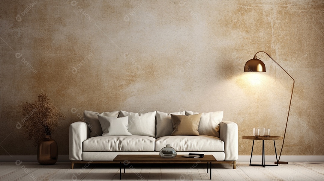 Sala de estar moderna com móveis bege e parede de concreto