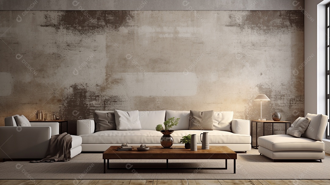 Sala de estar moderna com móveis bege e parede de concreto