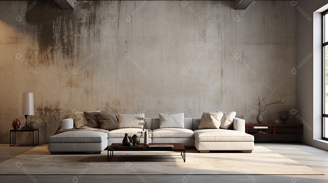 Sala de estar moderna com móveis bege e parede de concreto