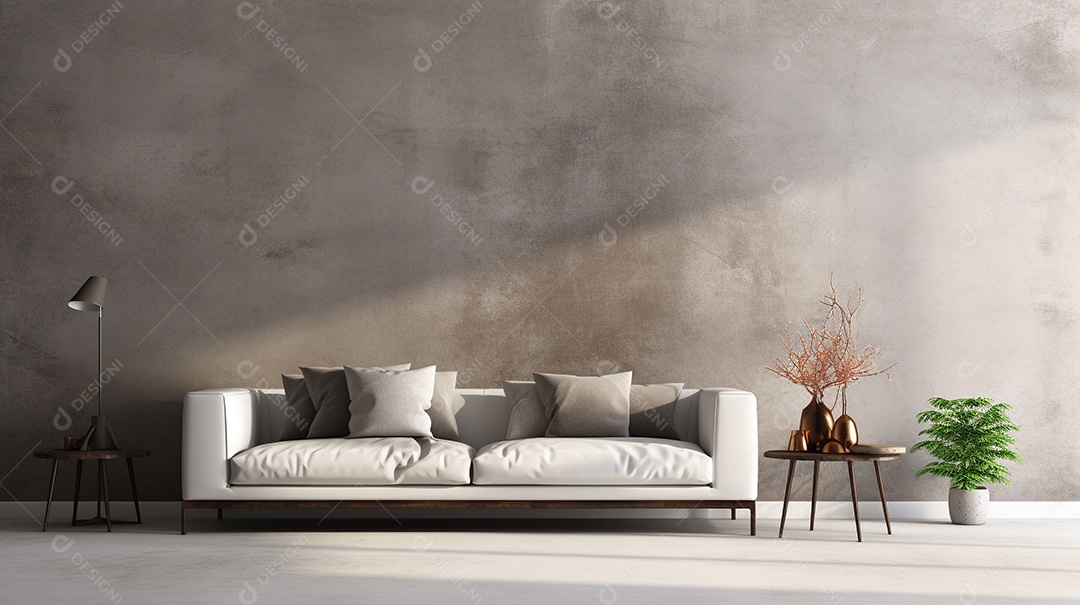 Sala de estar moderna com móveis bege e parede de concreto