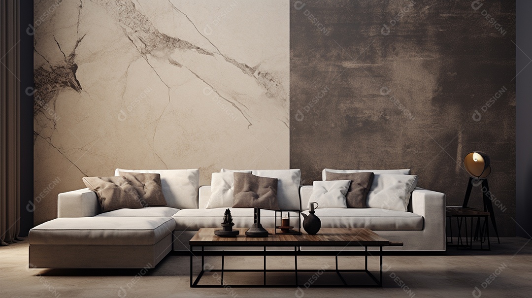 Sala de estar moderna com móveis bege e parede de concreto