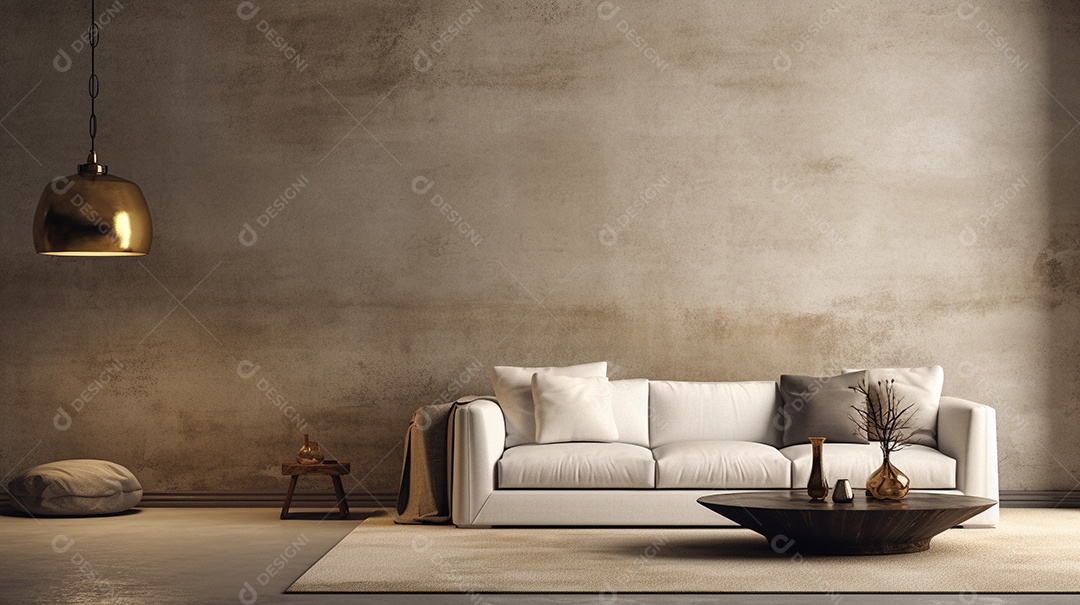 Modern living room with beige furniture and a concrete wall_086