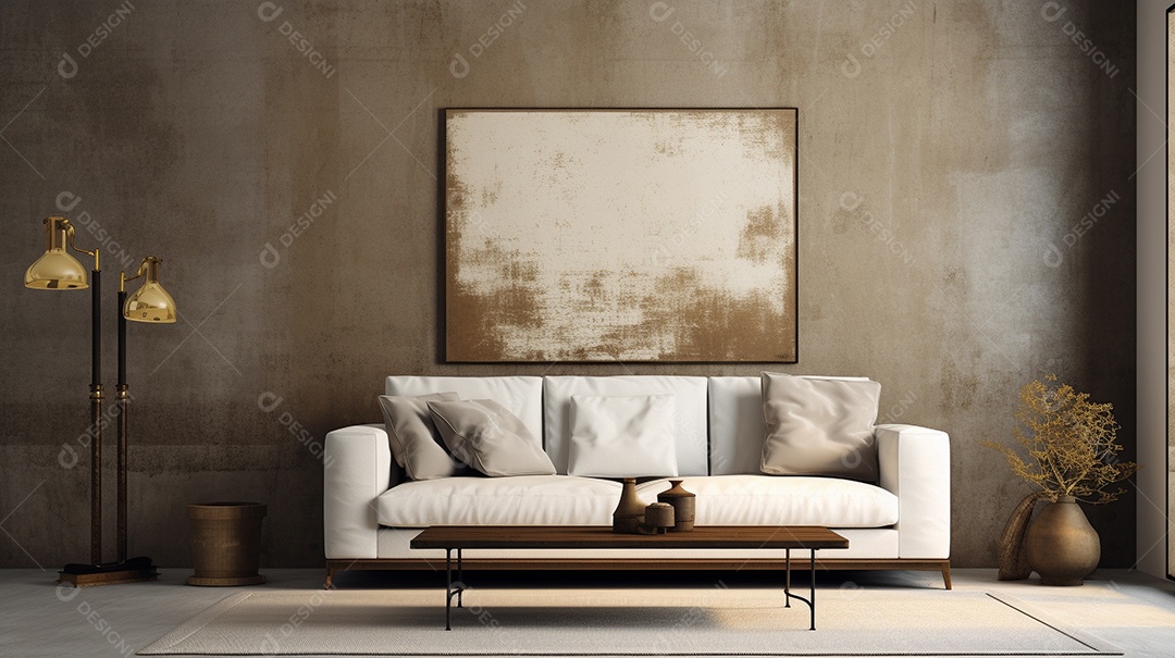 Sala de estar moderna com móveis bege e parede de concreto