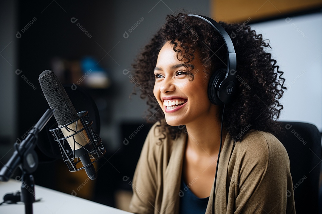 Uma mulher negra dando entrevista em um podcast