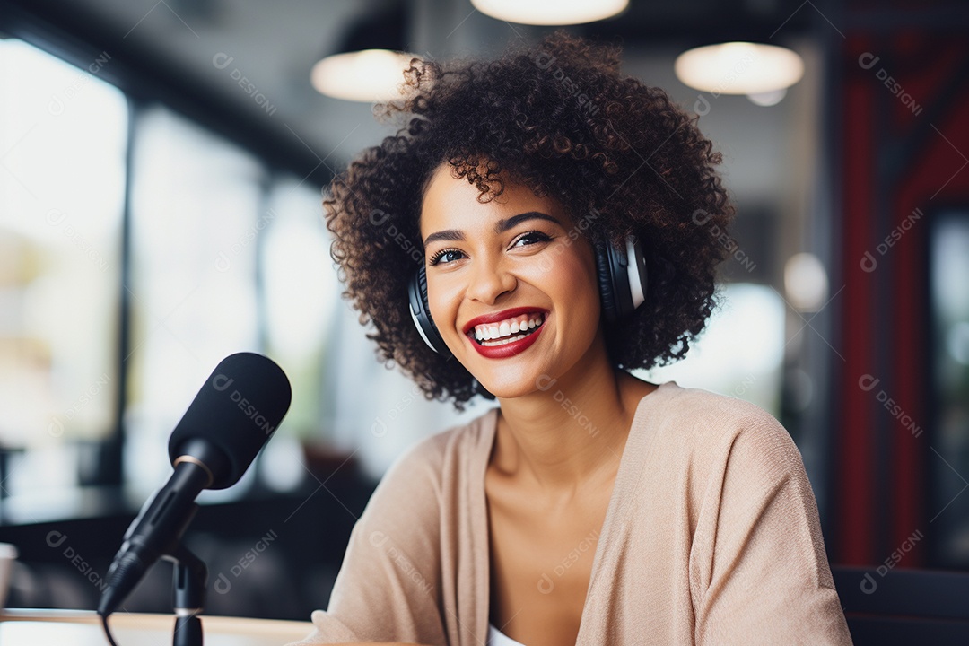 Uma mulher negra dando entrevista em um podcast