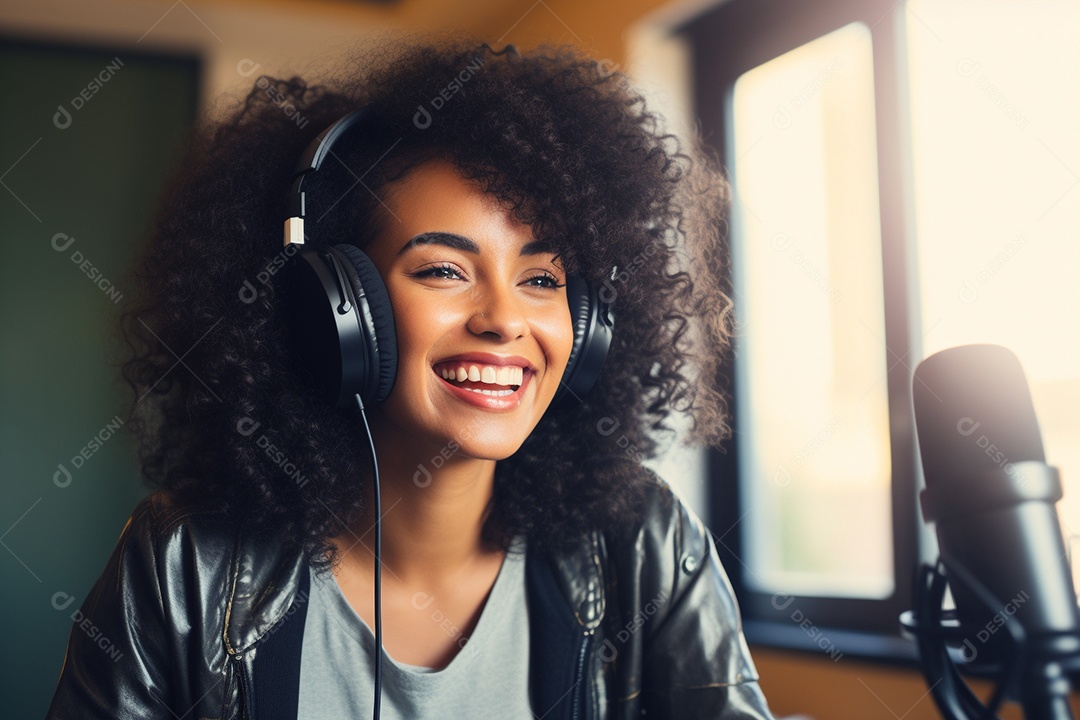 Uma mulher negra dando entrevista em um podcast