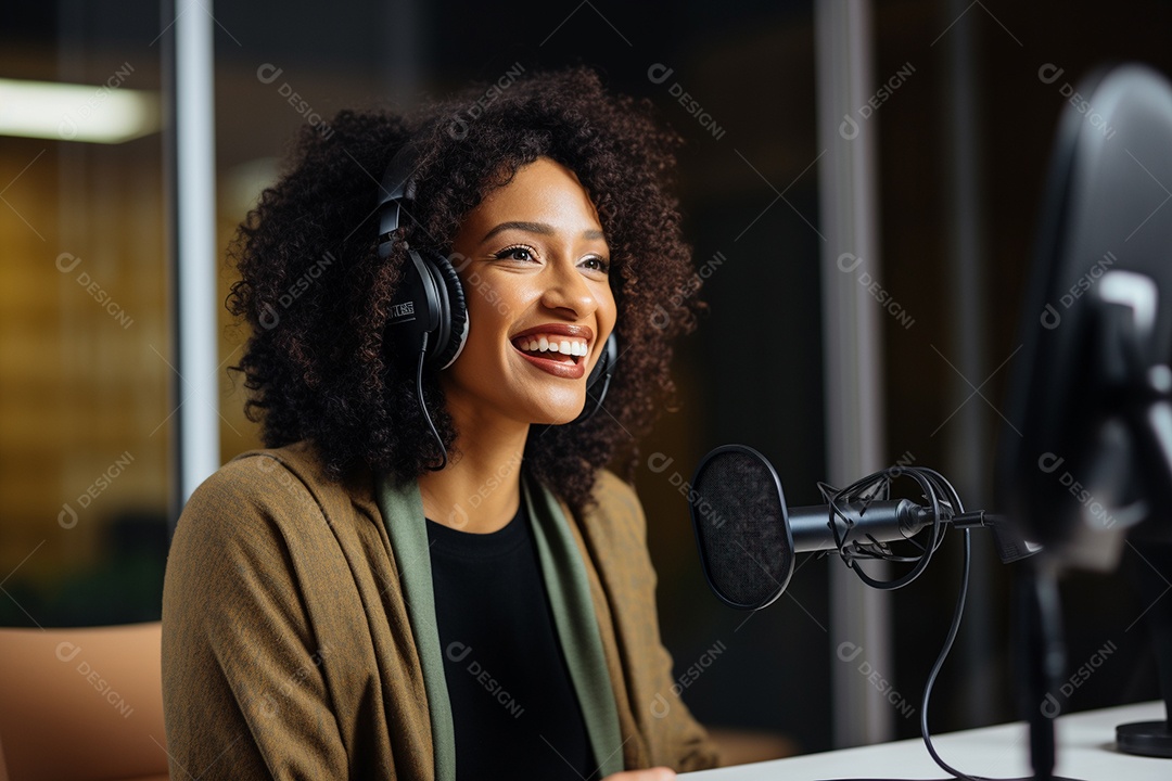 Uma mulher negra dando entrevista em um podcast