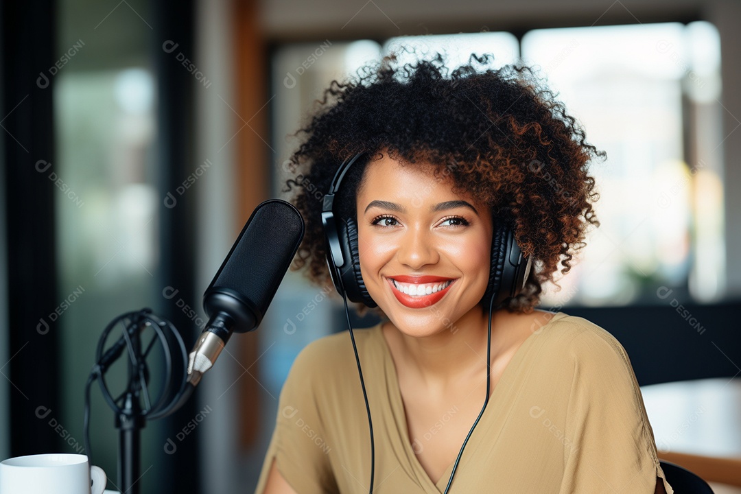 Uma mulher negra dando entrevista em um podcast