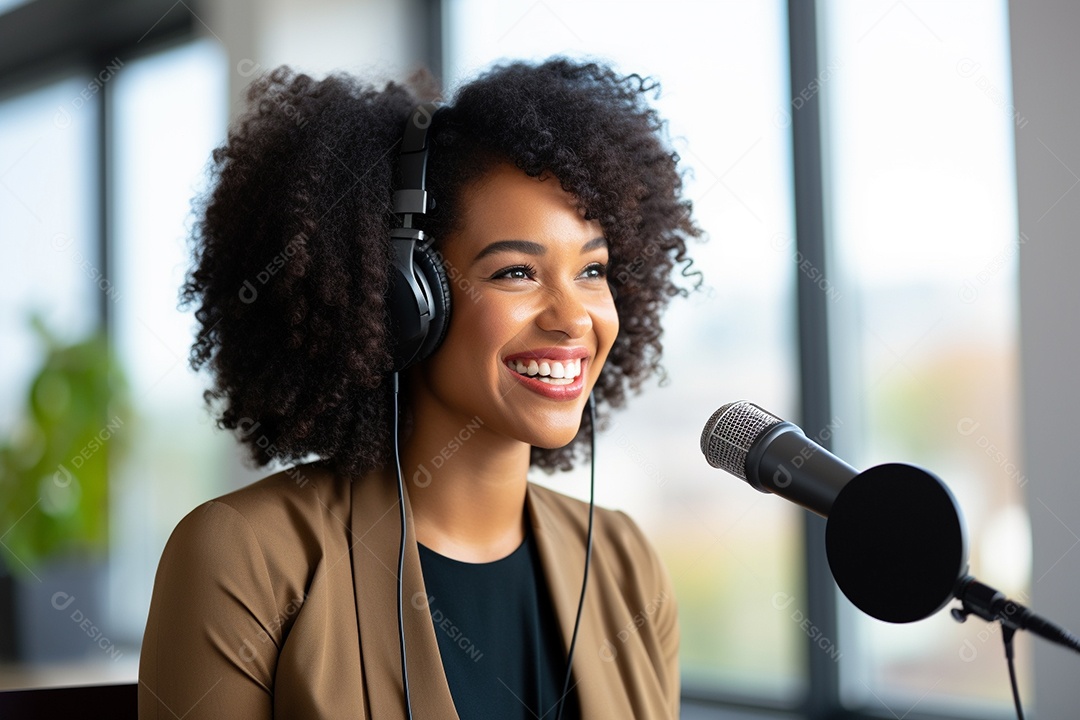 Uma mulher negra dando entrevista em um podcast