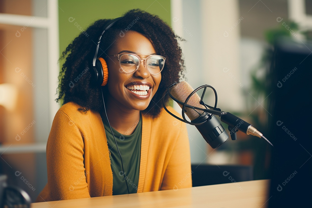 Uma mulher negra dando entrevista em um podcast