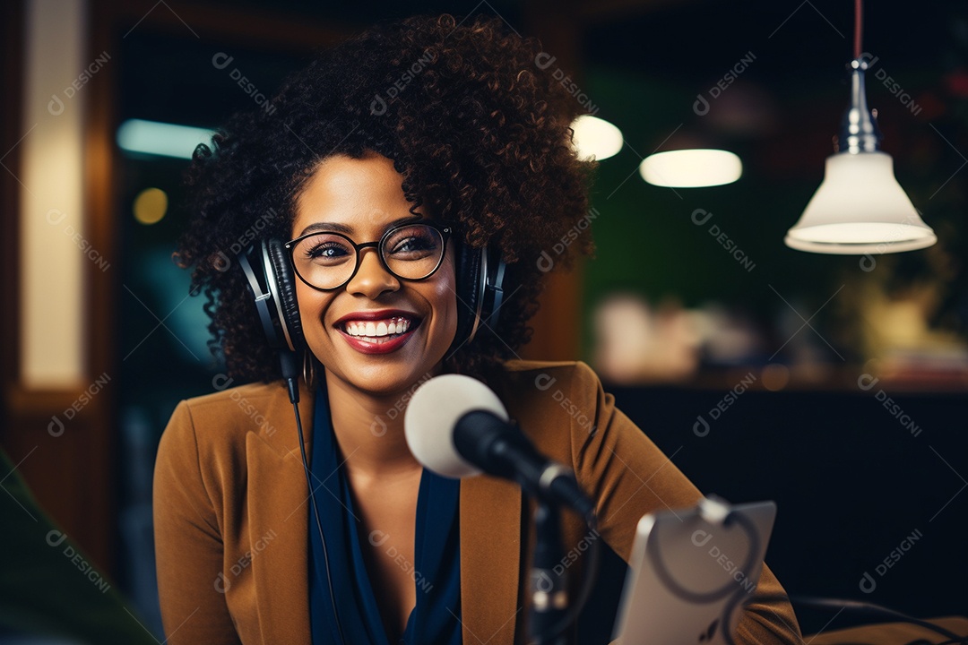 Uma mulher negra dando entrevista em um podcast