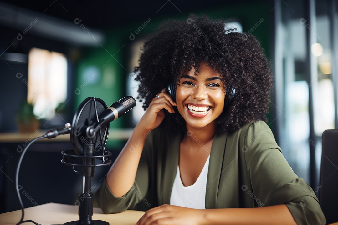 Uma mulher negra dando entrevista em um podcast