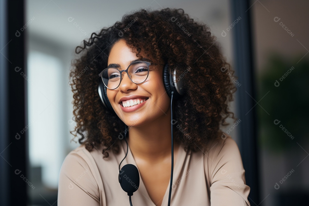 Uma mulher negra dando entrevista em um podcast