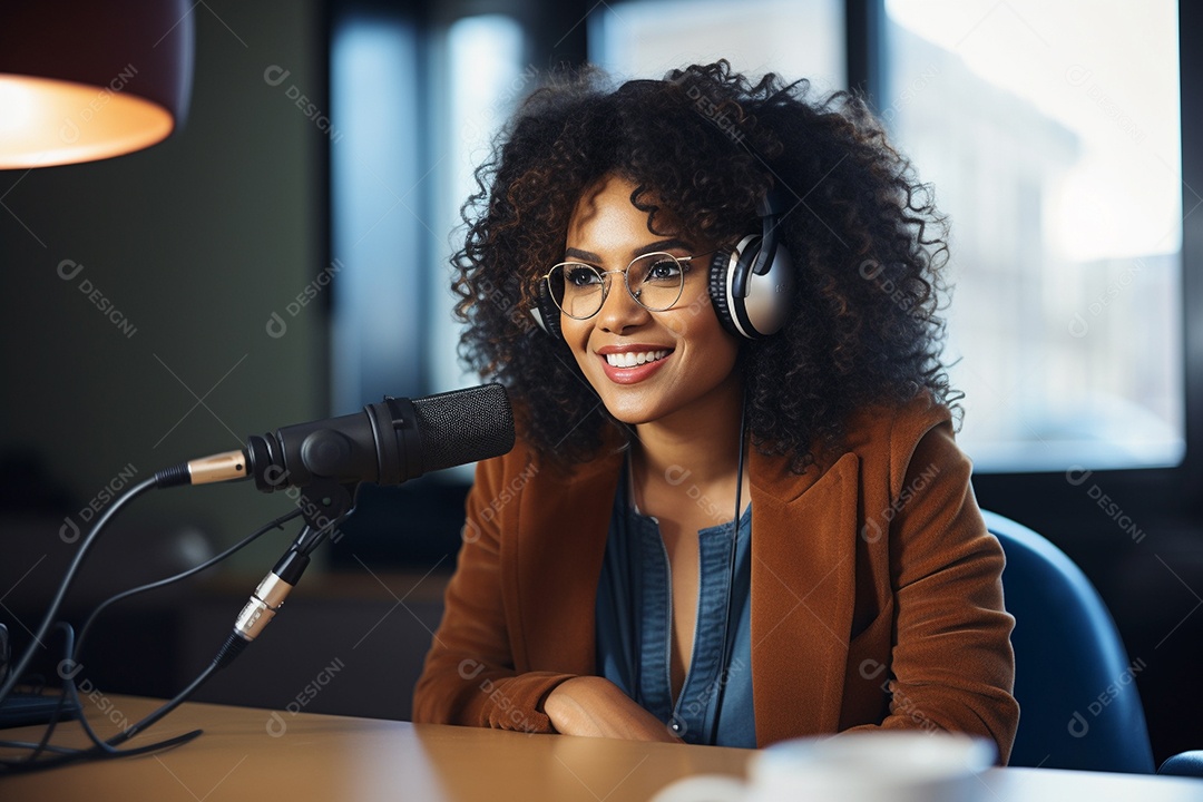 Uma mulher negra dando entrevista em um podcast