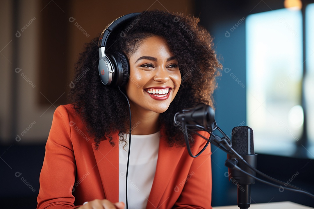 Uma mulher negra dando entrevista em um podcast