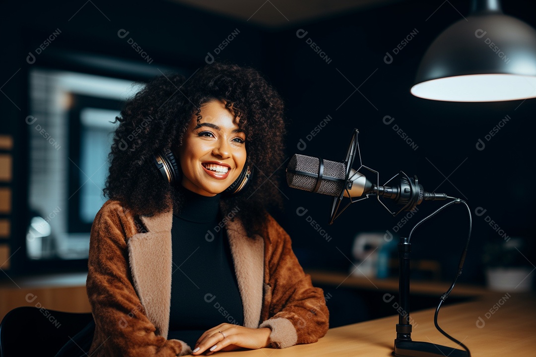 Uma mulher negra dando entrevista em um podcast