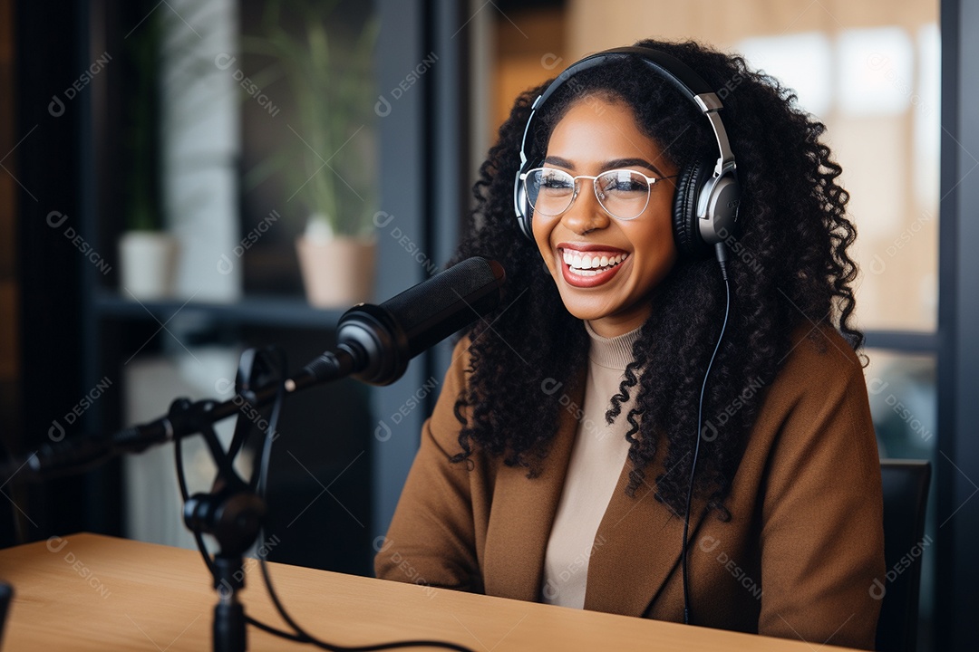 Uma mulher negra dando entrevista em um podcast