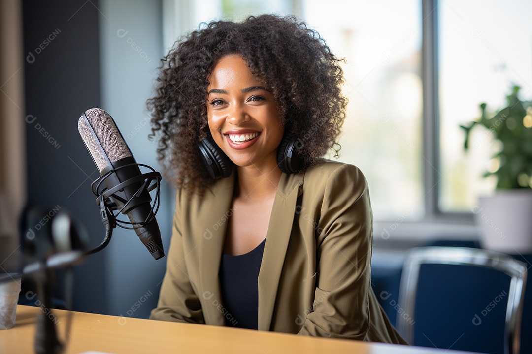 Uma mulher negra dando entrevista em um podcast