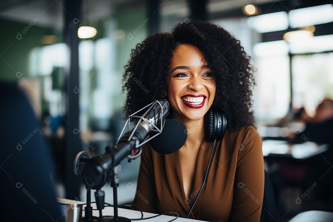 Uma mulher negra dando entrevista em um podcast