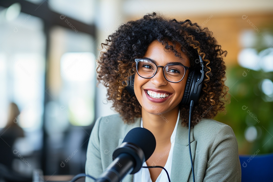 Uma mulher negra dando entrevista em um podcast