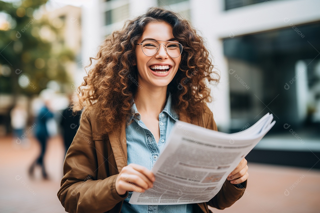 Uma mulher feliz porque recebeu notícias