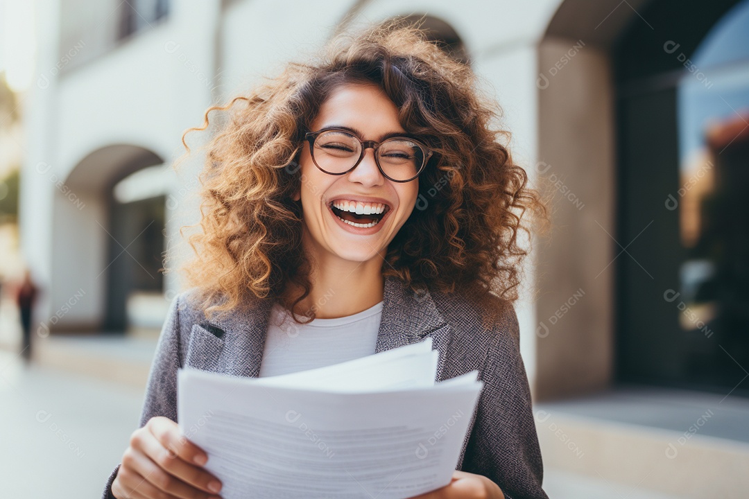 Uma mulher feliz porque recebeu notícias
