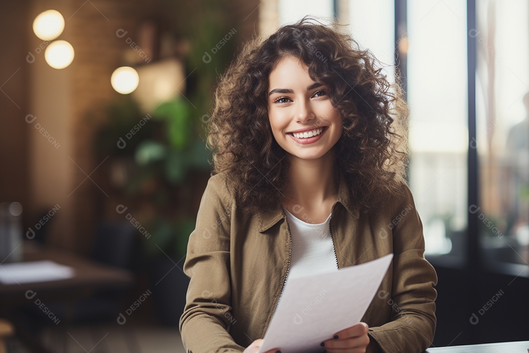 Uma mulher feliz porque recebeu notícias