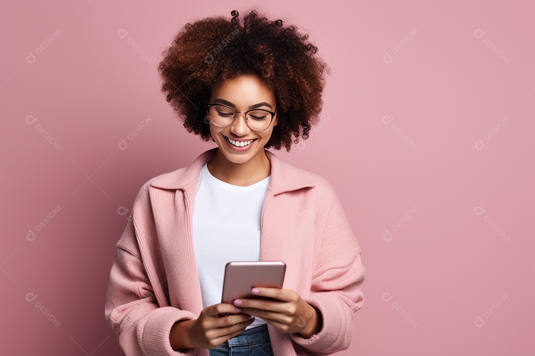 Uma mulher feliz porque recebeu notícias