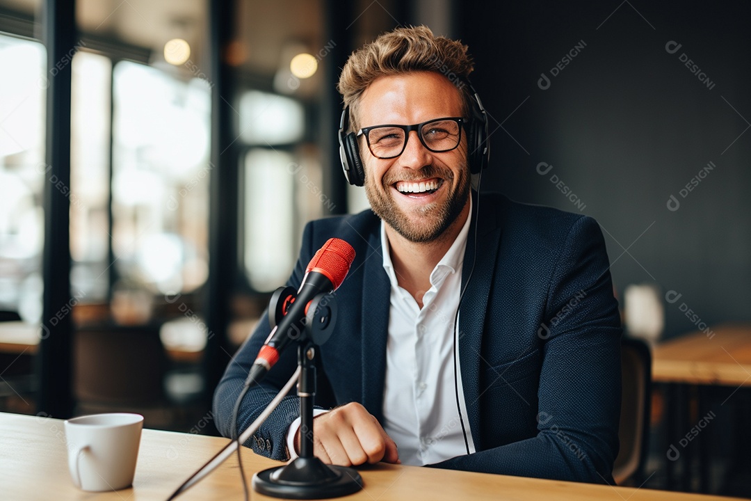 Um homem dando uma entrevista em um podcast