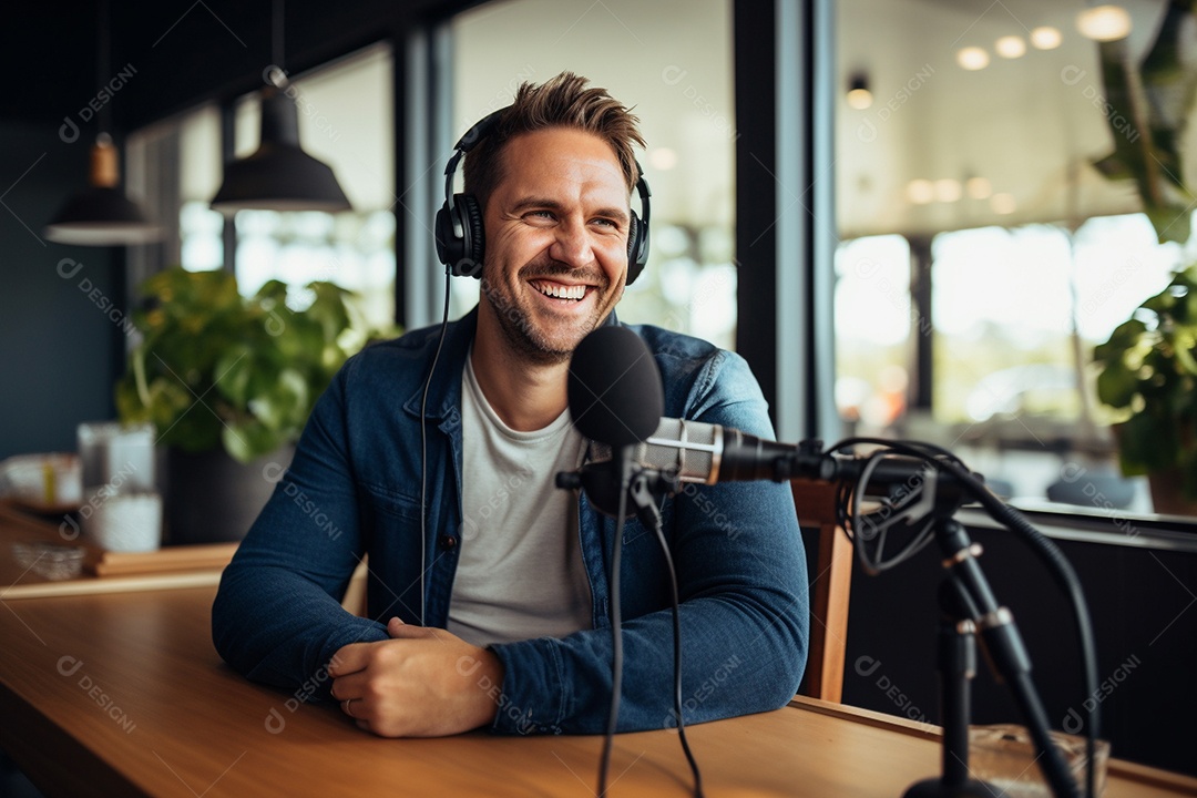 Um homem dando uma entrevista em um podcast