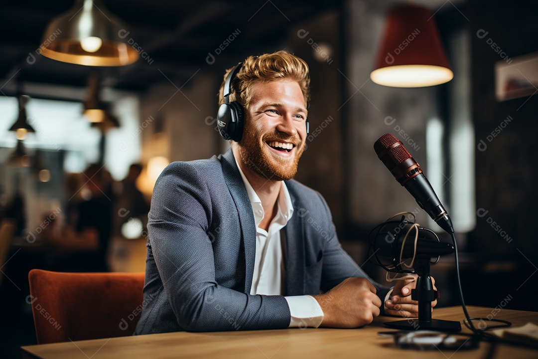Um homem dando uma entrevista em um podcast