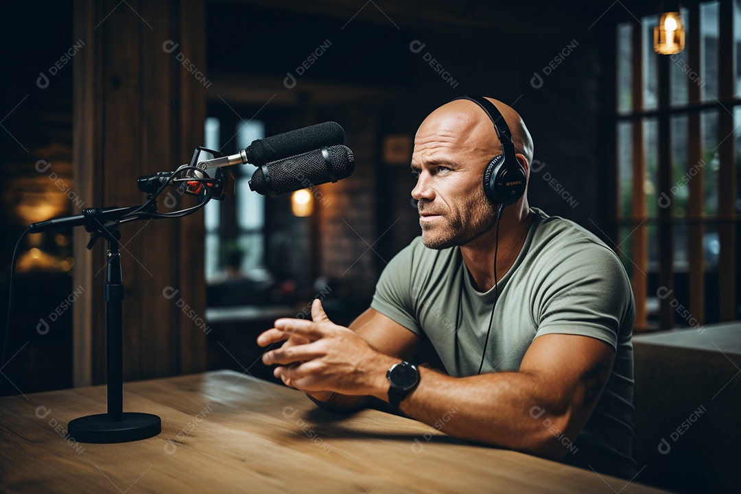 Um homem dando uma entrevista em um podcast