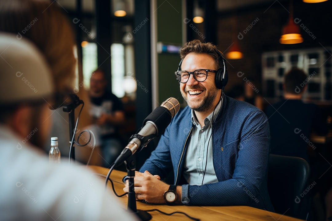 Um homem dando uma entrevista em um podcast