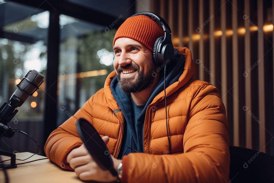 Um homem dando uma entrevista em um podcast