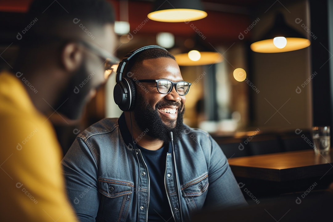 Um homem dando uma entrevista em um podcast