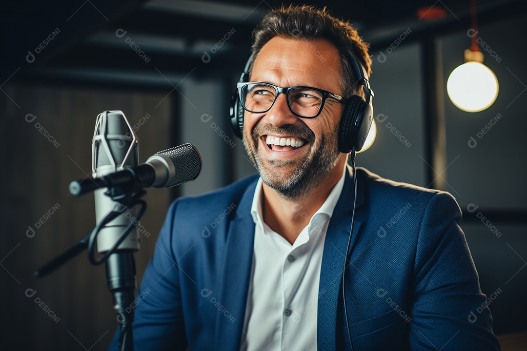 Um homem dando uma entrevista em um podcast