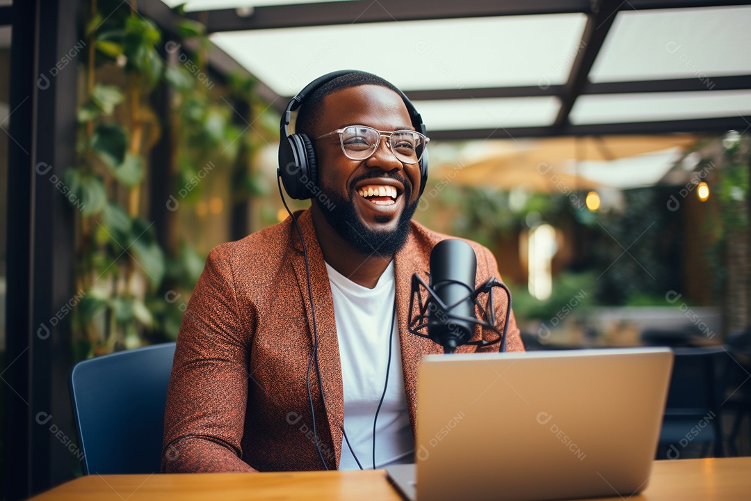 Um homem dando uma entrevista em um podcast