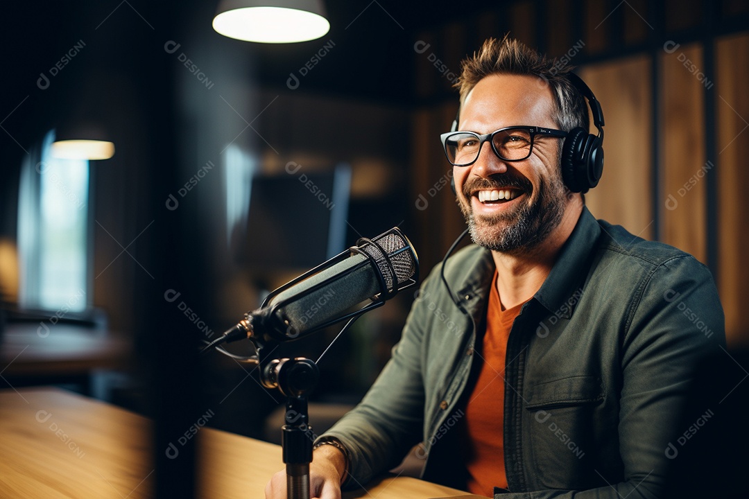 Um homem dando uma entrevista em um podcast