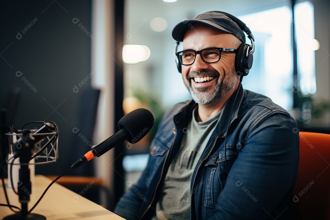 Um homem dando uma entrevista em um podcast