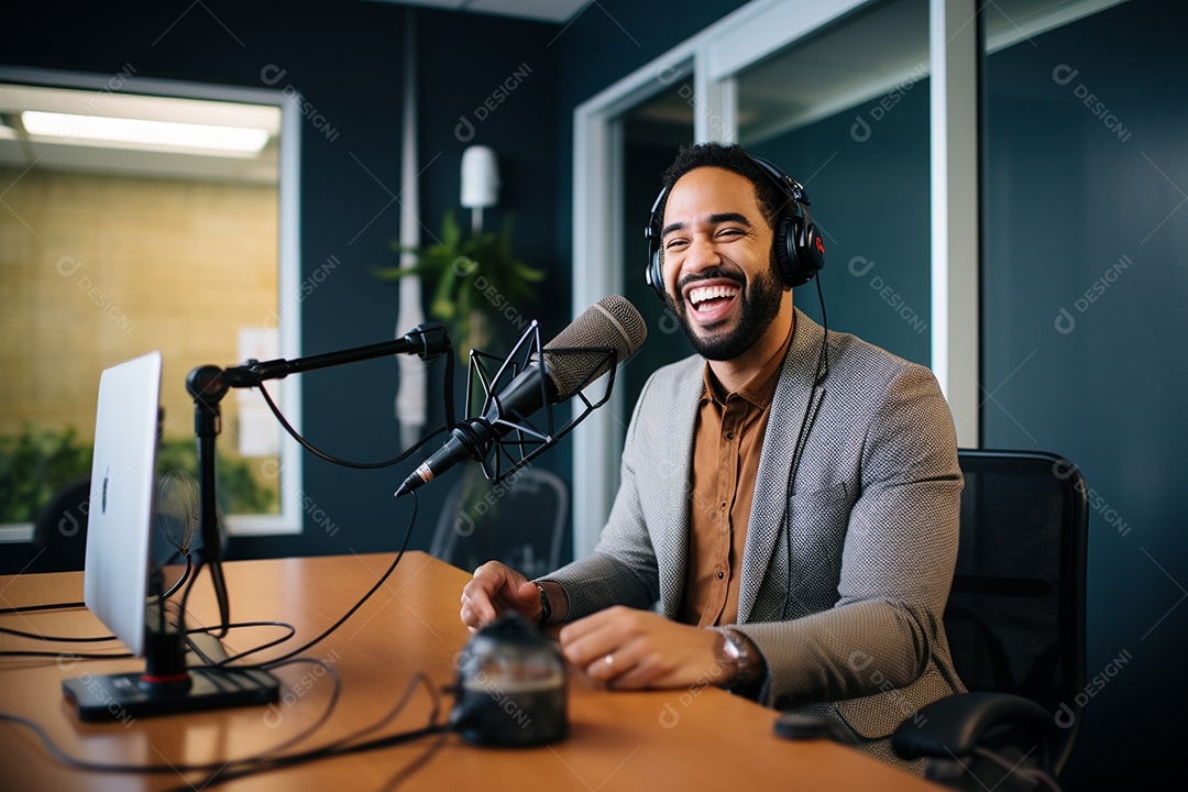 Um homem dando uma entrevista em um podcast