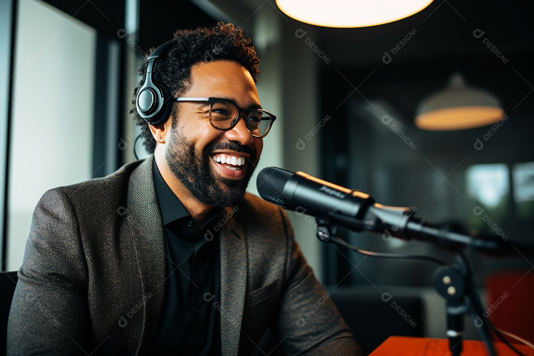 Um homem dando uma entrevista em um podcast