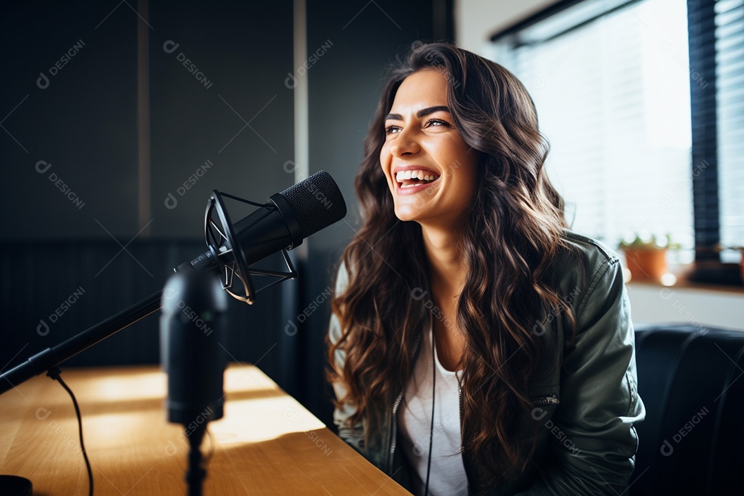 Uma mulher dando entrevista em um podcast