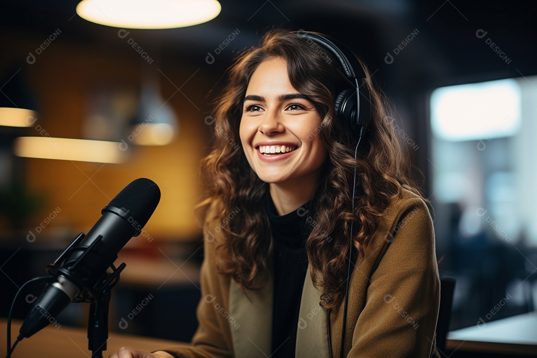 Uma mulher dando entrevista em um podcast